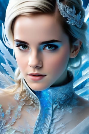 In this hyperrealistic half body shot, a youthful face (Emma Watson), with white hair and blue-gray hues, is mesmerizing as she draws herself on a heavily frosted mirror. Her finger etches intricate patterns into the thick layer of ice, creating a super impressive, marine-painting-like effect. The alternating lighting casts a dramatic contrast between the frosted and cleared areas, highlighting the crystalline ice formations, delicate feathers, and swirls that cover the mirror's surface. Visible ice crystals add to the frozen ambiance, while an ethereal glow emanates from light refracting through the ice, amplifying the magical quality of this surreal scene.