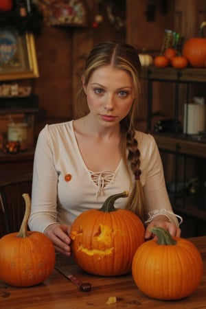 Michelle Trachtenberg sits at a rustic wooden kitchen table, surrounded by autumnal decorations. She's carving a Halloween pumpkin with a warm, golden light illuminating her features. Her long, blonde hair is tied back in a ponytail, and a few strands have escaped to frame her face. A smudge of pumpkin pulp adorns her white blouse, evidence of her creative endeavor. The atmosphere is cozy, blending spooky and playful notes, inviting the viewer into this autumnal scene.