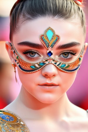 Close-up shot of Maisie Williams, a youthful and slender beauty, exuding a sporty yet elegant aura. She wears an intricately designed mask, adorned with delicate patterns and vibrant colors, as if straight from a carnival celebration. Her bright eyes sparkle beneath the ornate face covering, conveying a sense of playfulness and curiosity.