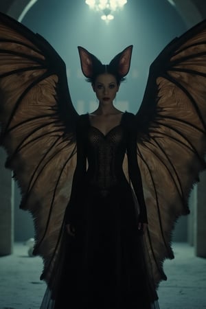 Michelle Trachtenberg as a beautiful human-like bat, intricate details, showing wings, full length frame, cinematic lighting, soft light, muted colors