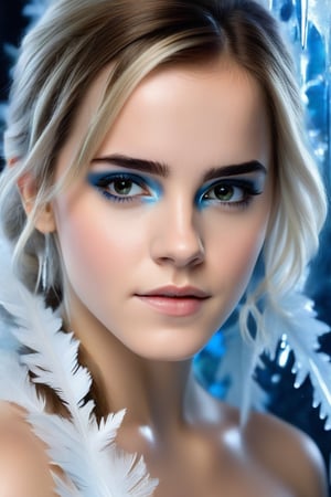 In this hyperrealistic half body shot, a youthful face (Emma Watson), with white hair and blue-gray hues, is mesmerizing as she draws herself on a heavily frosted mirror. Her finger etches intricate patterns into the thick layer of ice, creating a super impressive, marine-painting-like effect. The alternating lighting casts a dramatic contrast between the frosted and cleared areas, highlighting the crystalline ice formations, delicate feathers, and swirls that cover the mirror's surface. Visible ice crystals add to the frozen ambiance, while an ethereal glow emanates from light refracting through the ice, amplifying the magical quality of this surreal scene.