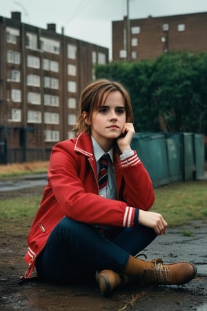 A melancholic portrait of Emma Watson as a young girl sitting in a vacant lot behind a public housing project in 1970s England. Wearing a red jacket and clutching her schoolbag, she gazes into the distance with a tired, sad expression. Rain drizzles down, casting a somber mood. The warm, dramatic lighting of the winter sun illuminates her face from above, with a shallow depth of field emphasizing her emotional state. A subtle bokeh effect adds a touch of lo-fi charm to this poignant portrait.