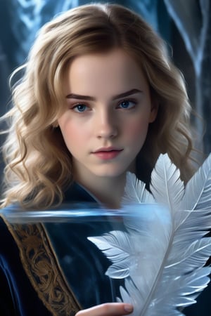 In this hyperrealistic half body shot, a youthful face (Hermione Granger), with white hair and blue-gray hues, is mesmerizing as she draws herself on a heavily frosted mirror. Her finger etches intricate patterns into the thick layer of ice, creating a super impressive, marine-painting-like effect. The alternating lighting casts a dramatic contrast between the frosted and cleared areas, highlighting the crystalline ice formations, delicate feathers, and swirls that cover the mirror's surface. Visible ice crystals add to the frozen ambiance, while an ethereal glow emanates from light refracting through the ice, amplifying the magical quality of this surreal scene.