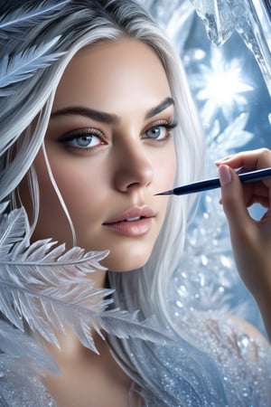 In this hyperrealistic close-up shot, Mila Kunis's youthful face, with white hair and blue-gray hues, is mesmerizing as she draws herself on a heavily frosted mirror. Her finger etches intricate patterns into the thick layer of ice, creating a super impressive, marine-painting-like effect. The alternating lighting casts a dramatic contrast between the frosted and cleared areas, highlighting the crystalline ice formations, delicate feathers, and swirls that cover the mirror's surface. Visible ice crystals add to the frozen ambiance, while an ethereal glow emanates from light refracting through the ice, amplifying the magical quality of this surreal scene.