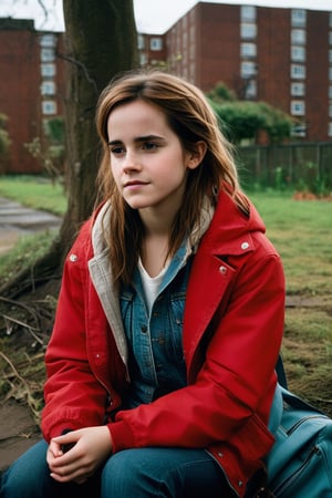 A melancholic portrait of Emma Watson as a young girl (14 years old) sitting in a vacant lot behind a public housing project in 1970s England. Wearing a red jacket and clutching her schoolbag, she gazes into the distance with a tired, sad expression. Rain drizzles down, casting a somber mood. The warm, dramatic lighting of the winter sun illuminates her face from above, with a shallow depth of field emphasizing her emotional state. A subtle bokeh effect adds a touch of lo-fi charm to this poignant portrait.