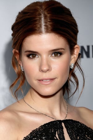 Create a hyper realistic upper body photo, 1girl, Kate Mara, young, at the age of 14, masterpiece, best quality, 1girl, intricate design, detailed face, detailed eyes, perfect make-up, cinematic lights, dim lights,