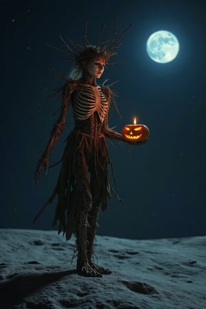 Moonlit eerie scene: Michelle Trachtenberg, a scarecrow-like humanoid with a bird skeleton body and dressed in matching attire, stands on the desolate lunar surface. Her arm, composed of twigs, holds a pumpkin containing a burning candle, casting an otherworldly glow alongside the distant blue Earth in the background.