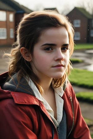 A melancholic portrait of Emma Watson as a young girl (14 years old) sitting in a vacant lot behind a public housing project in 1970s England. Wearing a red jacket and clutching her schoolbag, she gazes into the distance with a tired, sad expression. Rain drizzles down, casting a somber mood. The warm, dramatic lighting of the winter sun illuminates her face from above, with a shallow depth of field emphasizing her emotional state. A subtle bokeh effect adds a touch of lo-fi charm to this poignant portrait.