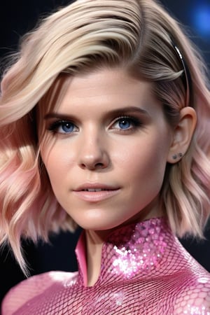 Craft a hyper realistic vertical upper body photo of the most attractive stunning young girl (Kate Mara, young, at the age of 14), blue eyes, blonde hair, fitting pink nanofiber suit, intricate black wavy design, intricate bodysuit, transparent parts, perfectly detailed eyes, intricate beauty with make-up, sparkling, reflections, (translucent), sexy, elegant, sporty, simple background, dim light, volumetric lighting, hyper realistic, blurry foreground, blurry background, (bloodborne:1.1),