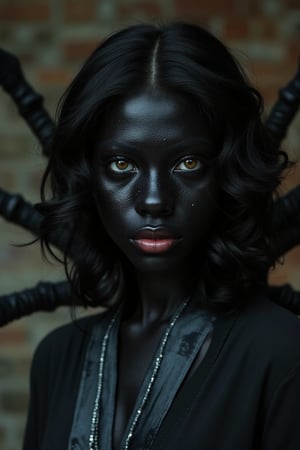 a realistic black spider, having the face of Michelle Trachtenberg