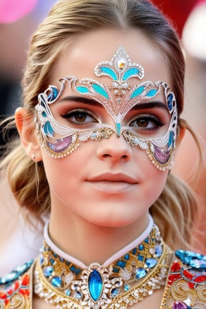 Close-up shot of Emma Watson, a youthful and slender beauty, exuding a sporty yet elegant aura. She wears an intricately designed mask, adorned with delicate patterns and vibrant colors, as if straight from a carnival celebration. Her bright eyes sparkle beneath the ornate face covering, conveying a sense of playfulness and curiosity.