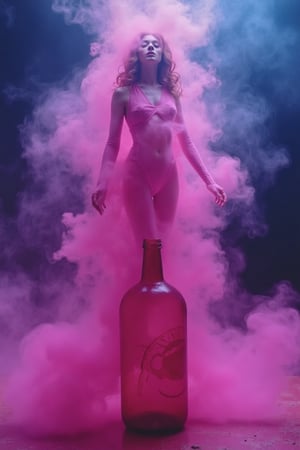 Michelle Trachtenberg as a pink genie rising from a cloud of pink and blue hues emanating from an old, ugly bottle. Her upper body materializes transparently, but her lower half becomes smoke, connecting to the bottle below.