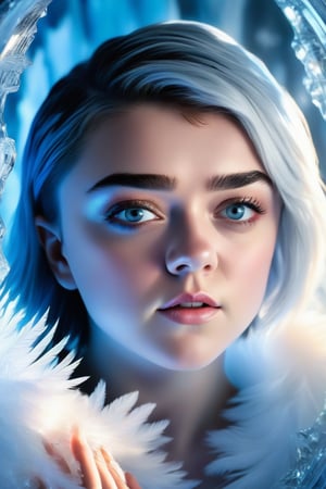 In this hyperrealistic half body shot, a youthful face (Maisie Williams), with white hair and blue-gray hues, is mesmerizing as she draws herself on a heavily frosted mirror. Her finger etches intricate patterns into the thick layer of ice, creating a super impressive, marine-painting-like effect. The alternating lighting casts a dramatic contrast between the frosted and cleared areas, highlighting the crystalline ice formations, delicate feathers, and swirls that cover the mirror's surface. Visible ice crystals add to the frozen ambiance, while an ethereal glow emanates from light refracting through the ice, amplifying the magical quality of this surreal scene.