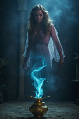 The image depicts a mysterious scene in which a female genie (Emma Watson) emerges from a small, old, golden oil lamp. The setting is dimly lit and the shadows create an eerie yet enchanting atmosphere. In the foreground is the oil lamp, made of pure gold with intricate, ancient engravings that hint at its mystical origins. A thick swirl of smoke rises from the opening, changing from a deep blue at the base to an ethereal pink.

The genie's upper body hovers above the bottle and has begun to materialize from the smoke, revealing her as an ethereal figure with delicate features and long, wavy hair that floats weightlessly around her. Her expression is serene yet powerful, with piercing, luminous eyes that almost seem to glow in the dim light. Her arms are slightly outstretched, as if testing her newfound form, and she wears lightly flowing, semi-transparent robes decorated with hints of antique jewelry.

Her lower body, still forming from the swirling smoke, appears as a twisting, thin tail connecting her to the oil lamp. The smoke itself twists and turns elegantly, blending seamlessly from her form to the oil lamp, creating a beautiful yet haunting effect. The overall atmosphere of the image is otherworldly, with subtle shadows adding to the mystical mood, as if a magic spell had been cast in a hidden corner of an ancient, forgotten world.