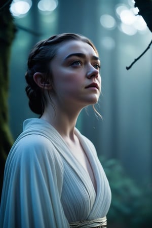 Moonlit woods, shrouded in an aura of mystique, set the stage for Maisie Williams's enigmatic portrayal. Dressed in flowing white robes that seem to blend with the ethereal mist, she stands as a beacon of luminescence amidst the whispers of ancient trees. Her eyes aglow like lanterns in the darkness, she reaches out to grasp the spectral form of a whispering spirit. Shards of broken moonlight dance across her face, casting an otherworldly glow that illuminates her beauty. The framing is tight, focusing on Maisie's contemplative pose as the mist swirls around her, creating a sense of intimacy and mystery.