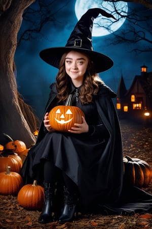 1girl, solo, (Maisie Williams, slight smile), realistic, very long hair, messy hair, looking at viewer,sitting, witch hat, witch cloak, holding Halloween pumpkin, dark gothic background illuminated by lantern pumpkins