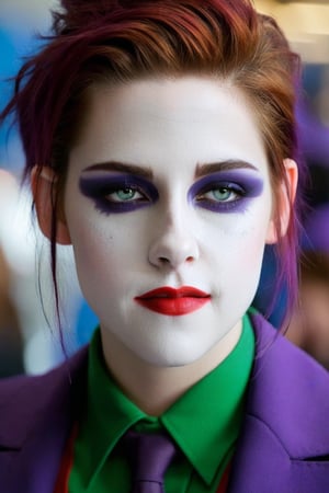 1girl, solo, Kristen Stewart, cosplaying as Joker (from Batman's Movie), detailed face, detailed eyes, matching cosplay make-up