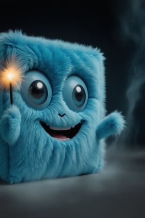 A close-up shot of a vibrant blue cube-shaped mascot, Mascof, donning a playful costume for his second-ever Halloween celebration. The camera frames him against a dark, mysterious background, with tendrils of fog curling around him like wispy fingers. Mascof's eyes gleam with excitement as he holds a sparkler in one hand.