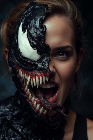 A hyperrealistic portrait of Emma Watson, her left side transformed into Venom, with a thick, black symbiotic tendril snaking across his face, partially obscuring her left eye. Her right side retains her human appearance, showcasing a beautiful expression, with wide eyes and bared teeth. The focus is on the stark contrast between the two halves of her face, highlighting the Venom symbiote's slick, textured skin against the woman's natural features, capturing the intense struggle between the human and alien entity. Chiaroscuro lighting casts deep shadows across her face, enhancing the dramatic division between the dark symbiote and the lit human side. The Venom symbiote is rendered in deep blacks, reds, and blues, creating a vivid contrast with the woman's natural skin tones. The background is dark and abstract, keeping the attention on the intensity of the transformation.