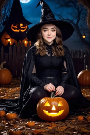 1girl, solo, (Maisie Williams, slight smile), realistic, very long hair, messy hair, looking at viewer,sitting, witch hat, witch cloak, holding Halloween pumpkin, dark gothic background illuminated by lantern pumpkins