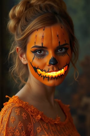 portrait, Emma Watson, shot hair, perfectly detailed and intricate pumpkin make-up