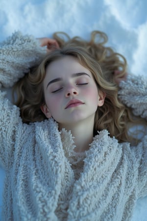 full body photo, Emma Watson (14 years old), lies in the snow, lies on her back, making a snow angel
BREAK
cinematic lights, professional full facial cosplay make-up, detailed eyes, detailed face, detailed hands