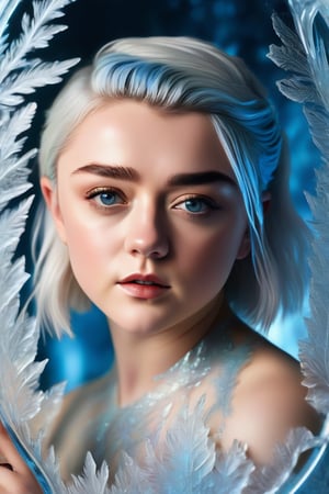 In this hyperrealistic half body shot, a youthful face (Maisie Williams), with white hair and blue-gray hues, is mesmerizing as she draws herself on a heavily frosted mirror. Her finger etches intricate patterns into the thick layer of ice, creating a super impressive, marine-painting-like effect. The alternating lighting casts a dramatic contrast between the frosted and cleared areas, highlighting the crystalline ice formations, delicate feathers, and swirls that cover the mirror's surface. Visible ice crystals add to the frozen ambiance, while an ethereal glow emanates from light refracting through the ice, amplifying the magical quality of this surreal scene.