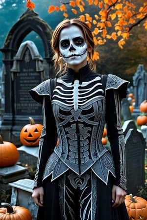 Emma Watson dressed in elaborate skeleton costume, standing amidst crumbling tombstones and eerie jack-o'-lanterns scattered across the dimly lit graveyard. Her bones are painted with intricate makeup, adding to the spooky ambiance as she strikes a pose, surrounded by an autumnal backdrop of twisted vines and weathered stone.