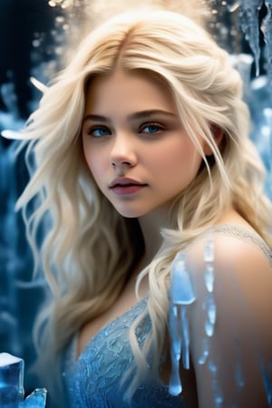 In this hyperrealistic half body shot, a youthful face (Chloë Grace Moretz), with white hair and blue-gray hues, is mesmerizing as she draws herself on a heavily frosted mirror. Her finger etches intricate patterns into the thick layer of ice, creating a super impressive, marine-painting-like effect. The alternating lighting casts a dramatic contrast between the frosted and cleared areas, highlighting the crystalline ice formations, delicate feathers, and swirls that cover the mirror's surface. Visible ice crystals add to the frozen ambiance, while an ethereal glow emanates from light refracting through the ice, amplifying the magical quality of this surreal scene.,