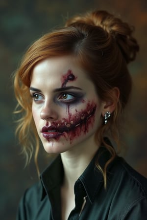 portrait, Emma Watson, shot hair, perfectly detailed and intricate zombie make-up