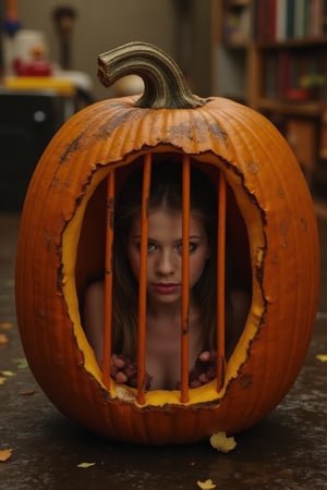 Michelle Trachtenberg trapped inside a pumpkin with prison bars where the pumpkin's face would be. Behind them, we see young Michelle Trachtenberg attempting to escape her prison, but futilely remains confined within the gourd's confines.