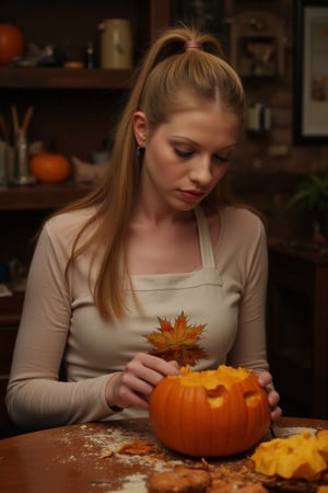 Michelle Trachtenberg sits at a rustic kitchen table, carving a Halloween pumpkin with precision. Her long, blonde hair is tied back in a ponytail, framing her face. A white apron covers her outfit, adorned with orange and yellow leaves. Pumpkin scraps dot her chest, remnants of the carving process. The atmosphere is eerie yet playful, exuding warmth and coziness.