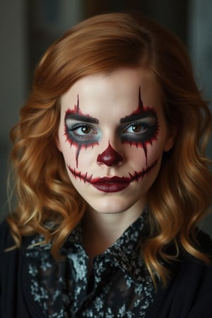 portrait, Emma Watson, shot hair, perfectly detailed and intricate Halloween make-up