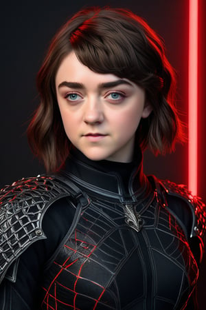 Craft a hyper realistic vertical full body photo of the most attractive stunning young girl (Maisie Williams, slight smile), fitting black nanofiber suit, intricate glowing neon red design, intricate bodysuit, transparent parts, perfectly detailed eyes, make-up, intricate beauty, sparkling, reflections, (translucent), sporty, simple background, dim light, volumetric lighting, hyper realistic, blurry foreground, blurry background, (bloodborne:1.1),