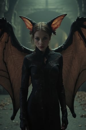 Michelle Trachtenberg as a beautiful human-like bat, intricate details, showing wings, full length frame, cinematic lighting, soft light, muted colors