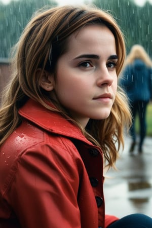 A melancholic portrait of Emma Watson as a young girl (14 years old) sitting in a vacant lot behind a public housing project in 1970s England. Wearing a red jacket and clutching her schoolbag, she gazes into the distance with a tired, sad expression. Rain drizzles down, casting a somber mood. The warm, dramatic lighting of the winter sun illuminates her face from above, with a shallow depth of field emphasizing her emotional state. A subtle bokeh effect adds a touch of lo-fi charm to this poignant portrait.