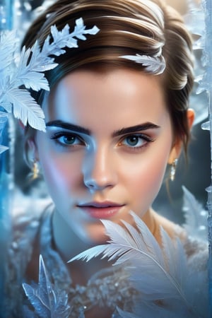 In this hyperrealistic half body shot, a youthful face (Emma Watson), with short hair and blue-gray hues, is mesmerizing as she draws herself on a heavily frosted mirror. Her finger etches intricate patterns into the thick layer of ice, creating a super impressive, marine-painting-like effect. The alternating lighting casts a dramatic contrast between the frosted and cleared areas, highlighting the crystalline ice formations, delicate feathers, and swirls that cover the mirror's surface. Visible ice crystals add to the frozen ambiance, while an ethereal glow emanates from light refracting through the ice, amplifying the magical quality of this surreal scene.