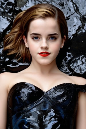 Permanent fusion: Emma Watson, 14 years old, with piercing blue eyes and fiery red lips, lies on a black marble altar. Liquid black marble covers her body, causing her body to merge seamlessly with the dark stone surface, as if she were becoming one with the ancient relic forever.