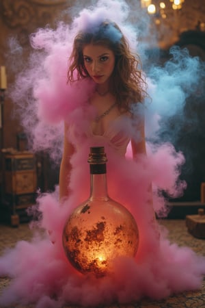 A whimsical depiction of Michelle Trachtenberg as a genie emerging from a cloud of pink and blue hues surrounding an old, decrepit flask. Her upper body materializes with a translucent quality, while her lower body dissolves into wispy smoke connected to the bottle. The scene is bathed in warm, golden lighting, with the cloudy vapor softly illuminating Michelle's ethereal form.