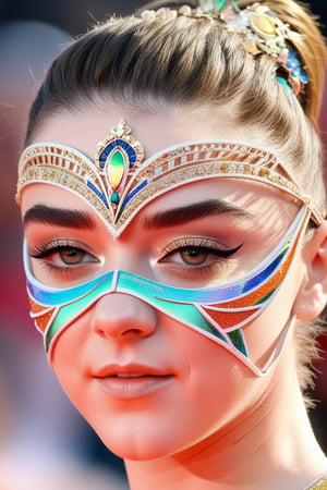 Close-up shot of Maisie Williams, a youthful and slender beauty, exuding a sporty yet elegant aura. She wears an intricately designed mask, adorned with delicate patterns and vibrant colors, as if straight from a carnival celebration. Her bright eyes sparkle beneath the ornate face covering, conveying a sense of playfulness and curiosity.