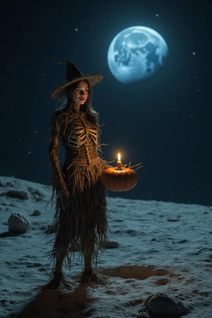 Moonlit eerie scene: Michelle Trachtenberg, a scarecrow-like humanoid with a bird skeleton body and dressed in matching attire, stands on the desolate lunar surface. Her arm, composed of twigs, holds a pumpkin containing a burning candle, casting an otherworldly glow alongside the distant blue Earth in the background.