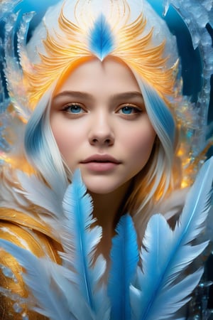 In this hyperrealistic half body shot, a youthful face (Chloë Grace Moretz), with white hair and blue-gray hues, is mesmerizing as she draws herself on a heavily frosted mirror. Her finger etches intricate patterns into the thick layer of ice, creating a super impressive, marine-painting-like effect. The alternating lighting casts a dramatic contrast between the frosted and cleared areas, highlighting the crystalline ice formations, delicate feathers, and swirls that cover the mirror's surface. Visible ice crystals add to the frozen ambiance, while an ethereal glow emanates from light refracting through the ice, amplifying the magical quality of this surreal scene.,