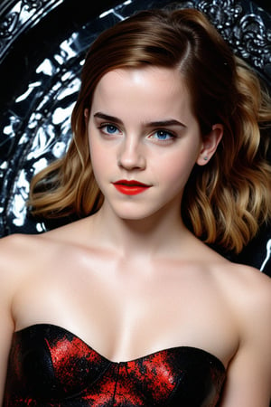 Permanent fusion: Emma Watson, 14 years old, with piercing blue eyes and fiery red lips, lies on a black marble altar. Liquid black marble covers her body, causing her body to merge seamlessly with the dark stone surface, as if she were becoming one with the ancient relic forever.