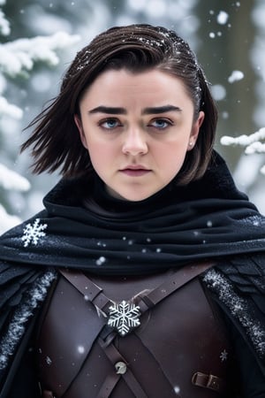 Maisie Williams' raven tresses are neatly tied back, framing her determined expression as she dons a leather armor set. The open cloak billows behind her, and a fur-lined cowl wraps around her neck like a protective barrier. Snowflakes gently fall around her, casting a serene atmosphere in this winter wonderland scene.