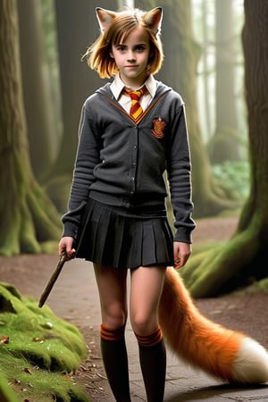 1girl, young orange-furred fox-like girl with a human head, Emma Watson (at the age of 14), short black skirt, orange paws with sharp black claws, no human ears, ears replaced by fox-like ones, a matching tail sprouts from her spine and lifts her skirt up at the back as it peeks out from under her skirt, a stark contrast to hogwarts environment