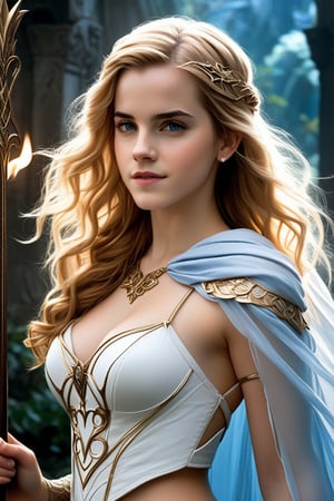 Mysterious Elf Maiden - A sultry pinup-inspired artwork depicts a striking blonde-elf woman (Emma Watson, at the age of 14) solo, indoors, with long hair cascading down her back, framing her enigmatic smile and piercing blue eyes that lock onto the viewer's gaze. She stands confidently in front of a dark, ornate backdrop, adorned in a flowing white dress with armor-like details, a hooded cape billowing behind her like mist. Her pointy ears and delicate earrings showcase her elven heritage. In one hand, she holds a staff, its intricate design glistening like the watermark on her circlet, adding mystique to this enchanting scene.