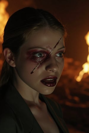 A haunting close-up of Michelle Trachtenberg's face, her lips sewn shut with coarse thread, her eyes wide open in terror. A jagged scar stretches from her eye to her cheek, a gruesome wound that seems to pulse with the apocalyptic chaos surrounding her. The camera lingers on the girl's pale features as flames flicker and crackle in the background, casting an eerie glow over the devastated landscape.