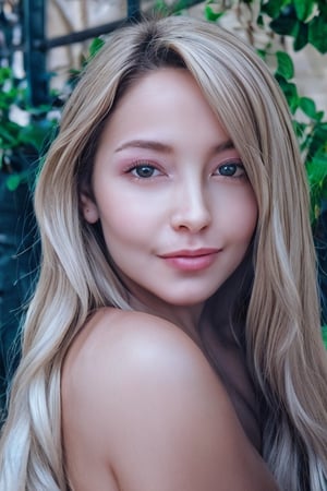 A stunning portrait of a woman with ultra-high detailed skin, set against the warm tones of golden hour. The subject's long, dark hair cascades down her back like a waterfall of night, with subtle waves and texture that invite the viewer to touch. Her beautiful eyes, a mesmerizing blend of blue and brown, sparkle like stars in the soft, bokeh-lit background. The lace-trimmed shoulders frame her delicate features, creating a sense of elegance and sophistication. In the foreground, the subject's skin glows with radiant health, every pore and freckle rendered in exquisite detail, as if captured in a 8K RAW image.