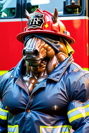 A strong, muscular man wearing a brown horse headdress that covered his entire face and neck, he is wearing a firefighter outfit And wearing a fireman's jacket  and is not wearing a helmet 
Does not wear any head covering 