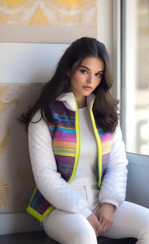 1girl, solo, long hair, black hair, long sleeves, sitting, white and bright jacket, pants, indoors, window 木制,warm sunlight